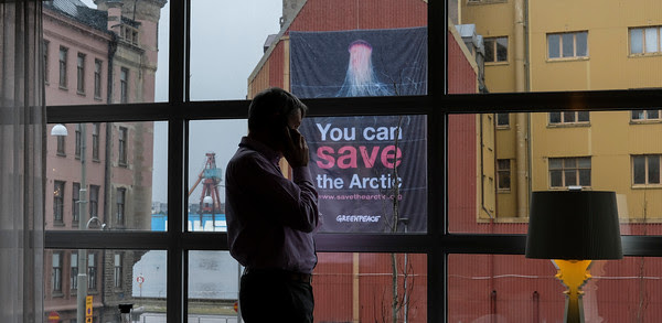 02 march 2016. Gothenburg, Sweden  Greenpeace activist have been deployed a banner in Gothenburg, Sweden, to call for Arctic protection. A group of countries, within an organisation called Ospar, are meeting there today to agree on the protection of a large area at the North Pole.   Greenpeace are here to convey a message that over seven million Arctic defenders are counting on decision-makers to protect the Arctic. (C) Greenpeace Handout/ Pedro Armestre - No sales - No Archives - Editorial Use Only - Free use only for 14 days after release. Photo provided by GREENPEACE, distributed handout photo to be used only to illustrate news reporting or commentary on the facts or events depicted in this image.