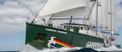 The Rainbow Warrior under sail off the coast of Queensland near Mackay and Hat Point Coal Terminal. The ship was on the Great Barrier Reef as UNESCO passed a decision to keep the Reef on a watching brief due to the impacts of industrialisation, agricultural run off and climate change. The tour also coincided with the 30th anniversary of the bombing of the Rainbow Warrior by the French government on the 10th of July 1985.