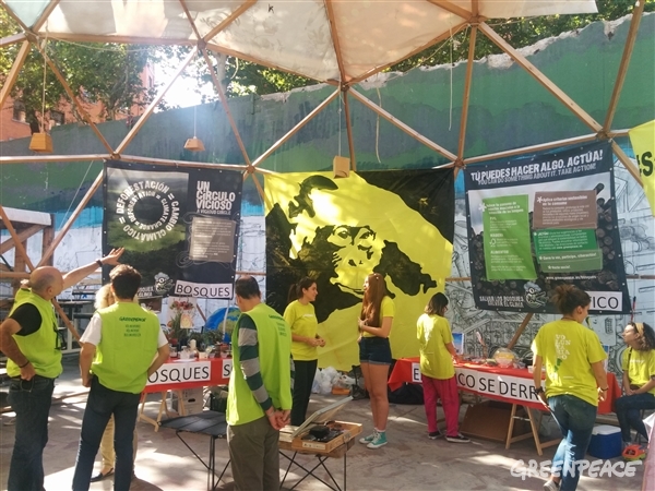 Stand de Greenpeace en el Mercado de la Cebada en Madrid para pedir un modelo renovable.