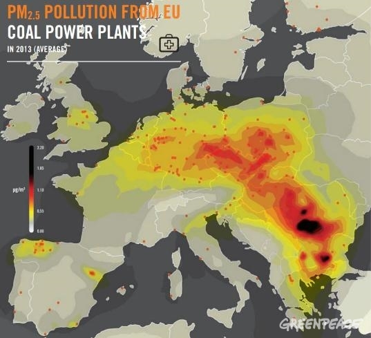 Mapa de contaminación de las centrales de carbón europeas