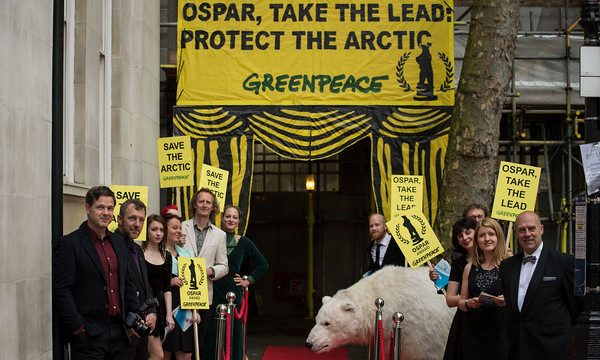 "06 mayo 2015. London, UK Greenpeace calls on OSPAR delegates to take the lead on Artctic protection.Greenpeace today called on the OSPAR Convention delegates, who are metting in London, to agree on a firm commitment to secure further protection for the OSPAR Arctic region from destructive human activities, such as oil exploration. The head of Delegations are meeting today and tomorrow at a Coordination Group, which is the prepratory meeting for the annual OSPAR Commission meeting that will take place at the end of June this year. The Arctic international waters covered by OSPAR includes nearly 10% of the area designated as a future Arctic Sanctuary as demanded by Greenpeace and other international civil society groups backed up by nearly seven million citizens worldwide.  © Greenpeace Handout/ PEDRO ARMESTRE - No sales - No Archives - Editorial Use Only - Free use only for 14 days after release. Photo provided by GREENPEACE, distributed handout photo to be used only to illustrate news reporting or commentary on the facts or events depicted in this image."