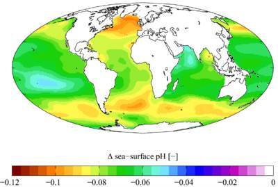 Cambio en el pH de la superficie marina causado por el CO2 antropogénico entre los años 1700 y 1990