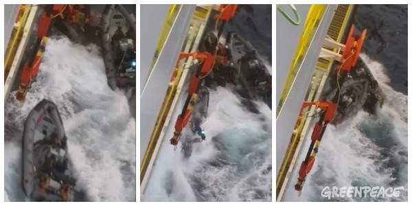 Imágenes de la Armada envistiendo a las lanchas de Greenpeace.