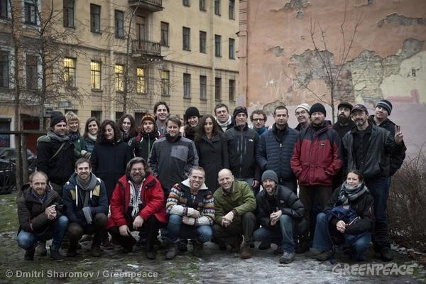 Arctic 30 Activists in St. Petersburg Group shot of 26 of the Arctic 30 (24 Greenpeace International activists and two freelance journalists) in St.Petersburg. The 'Arctic 30' (twenty-eight Greenpeace International activists, as well as a freelance photographer and a freelance videographer) face charges of piracy and hooliganism for a peaceful protest against oil drilling in the Arctic. Missing from the original 30 in the picture are:- Francesco Pisanu (France), Andrey Allakhverdov (Russia), Tomasz Dziemianczuk (Poland) and Ekaterina Zaspa (Russia). 12/03/2013 © Dmitri Sharomov / Greenpeace